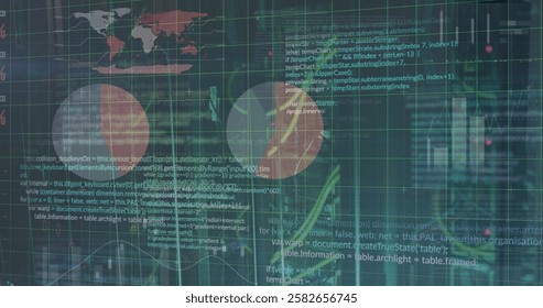 Image of digital code overlaying world map and graphs, representing global data analysis. analytics, big data, technology, interface, futuristic, network
