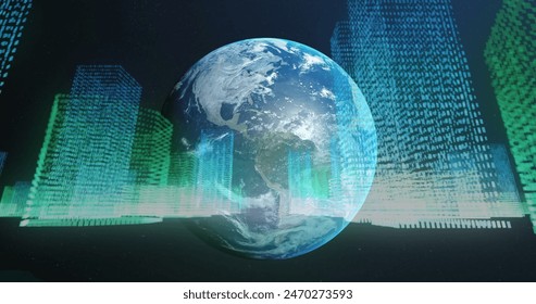 Image of digital computer servers over globe. Global connections, computing and data processing concept digitally generated image.