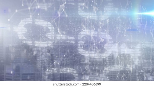 Image of digital data and chain on dark background. global internet security, data processing, connections and digital interface concept digitally generated image.