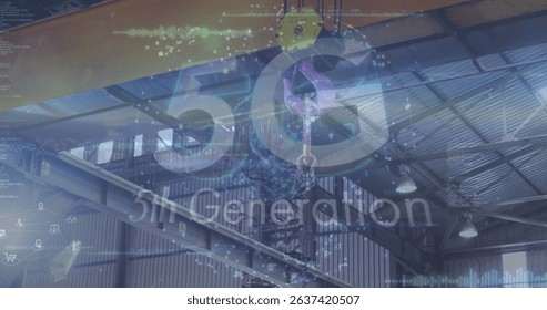 Image of digital data processing and 5g text over crane. Global connections, data processing and digital interface concept digitally generated image.