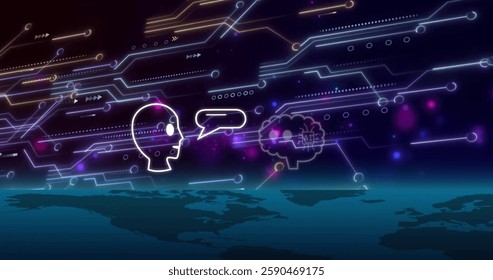Image of digital data processing and ai chat bots over dark background. Global artificial intelligence, connections, computing and data processing concept digitally generated image.