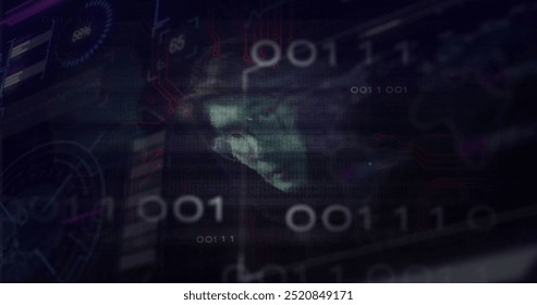 Image of digital data processing with binary coding and asian male hacker. Global online security, connections, computing and data processing concept digitally generated image. - Powered by Shutterstock