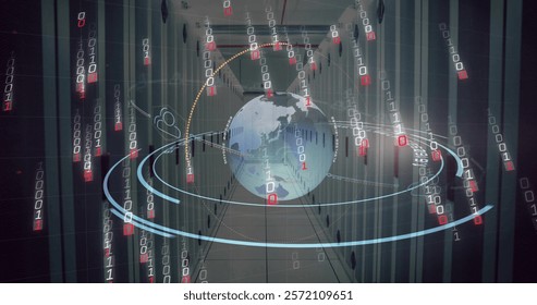 Image of digital data processing, binary coding and globe over computer servers. Global connections, computing and data processing concept digitally generated image.
