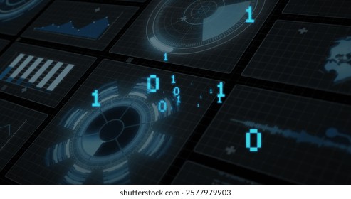 Image of digital data processing and binary coding over black background. Global connections, computing and data processing concept digitally generated image.