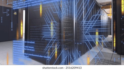 Image of digital data processing and circuit board over computer servers. Global connections, computing and data processing concept digitally generated image.