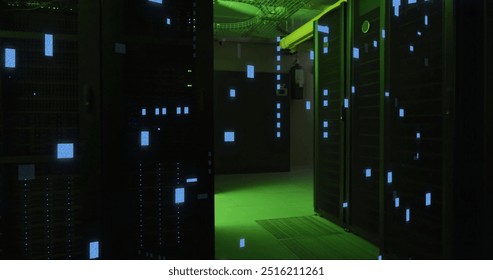 Image of digital data processing and circuit board over computer servers. Global connections, computing and data processing concept digitally generated image.