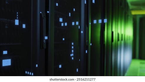 Image of digital data processing and circuit board over computer servers. Global connections, computing and data processing concept digitally generated image.
