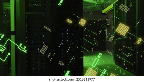 Image of digital data processing and circuit board over computer servers. Global connections, computing and data processing concept digitally generated image.