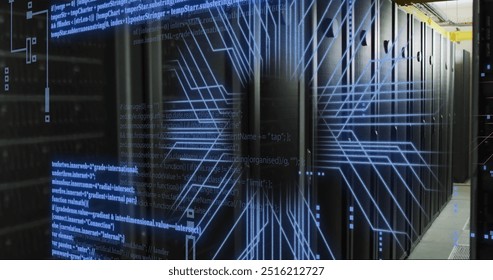 Image of digital data processing and circuit board over computer servers. Global connections, computing and data processing concept digitally generated image.