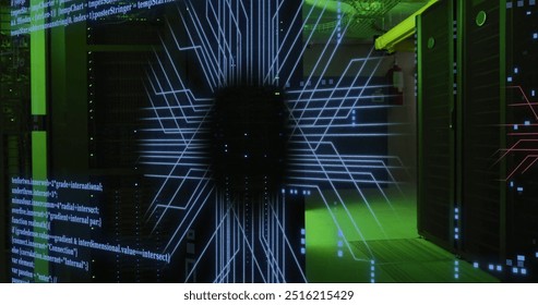 Image of digital data processing and circuit board over computer servers. Global connections, computing and data processing concept digitally generated image.