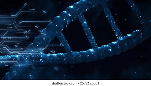 Image of digital data processing, circuit board over dna strand. Global science, connections, computing and data processing concept digitally generated image. - Powered by Shutterstock - Get 15% off with code: PIKWIZARD15