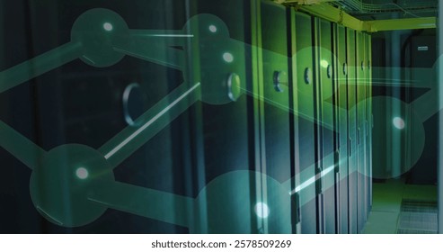 Image of digital data processing with connections over computer servers. Global connections, computing and data processing concept digitally generated image.
