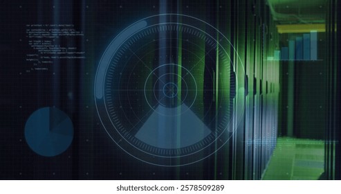 Image of digital data processing with connections over computer servers. Global connections, computing and data processing concept digitally generated image.