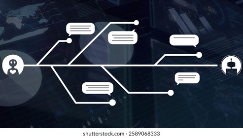 Image of digital data processing and connections with ai chatbot icons. Global artificial intelligence, connections, computing and data processing concept digitally generated image.