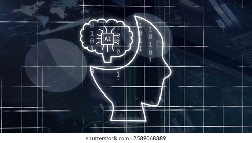 Image of digital data processing and connections with ai chatbot icons. Global artificial intelligence, connections, computing and data processing concept digitally generated image.
