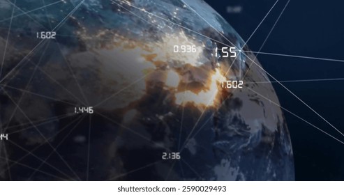 Image of digital data processing and connections over globe. Global connections, computing and data processing concept digitally generated image.