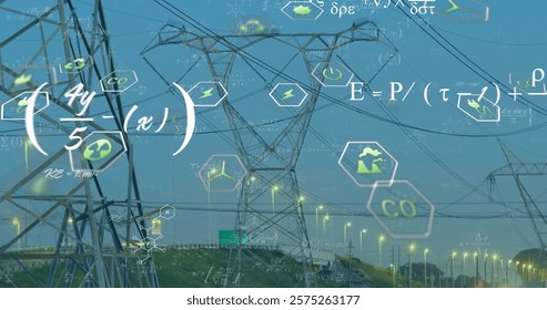 Image of digital data processing and eco icons over electricity pylons. Global eco energy, environment, connections, computing and data processing concept digitally generated image.