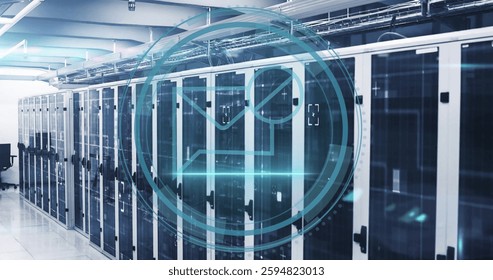 Image of digital data processing with envelope icons over computer servers. Global connections, computing and data processing concept digitally generated image.
