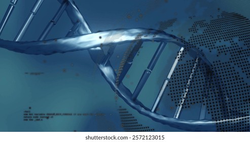 Image of digital data processing, globe over dna strand. Global science, connections, computing and data processing concept digitally generated image.