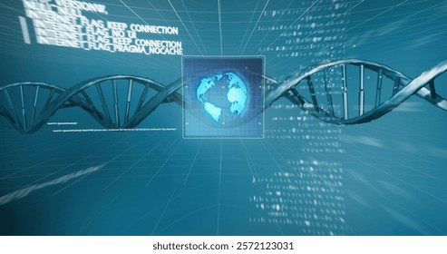 Image of digital data processing, globe over dna strand. Global science, connections, computing and data processing concept digitally generated image.