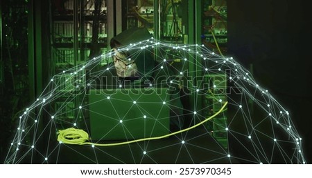 Image of digital data processing with globe over it asian male technician computer servers. Global connections, computing and data processing concept digitally generated image.