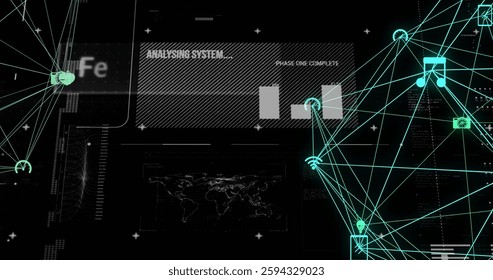 Image of digital data processing and globes with connections over black background. Global connections, computing and data processing concept digitally generated image.