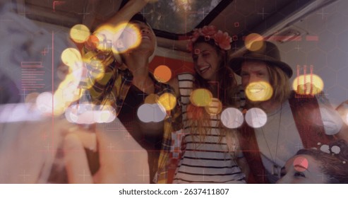Image of digital data processing and glowing lights over diverse people in car. Global connections, data processing and digital interface concept digitally generated image. - Powered by Shutterstock - Get 15% off with code: PIKWIZARD15