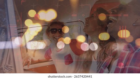 Image of digital data processing and glowing lights over diverse people in car. Global connections, data processing and digital interface concept digitally generated image.