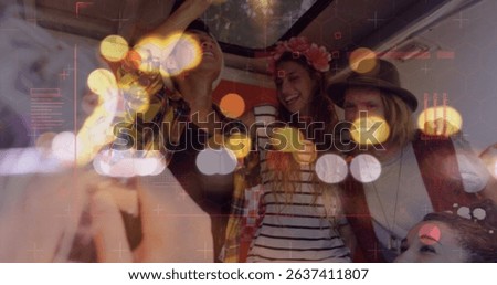 Image of digital data processing and glowing lights over diverse people in car. Global connections, data processing and digital interface concept digitally generated image.