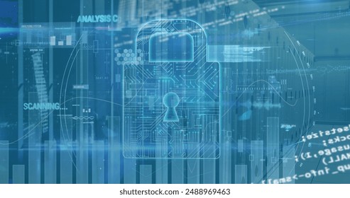 Image of digital data processing and digital interface and grid over blue background. Global data processing concept digital generated image.