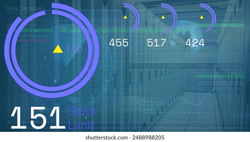 Image of digital data processing and digital interface and grid over blue background. Global data processing concept digital generated image.