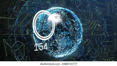 Image of digital data processing, numbers and circuit board over globe. Global computing, connections, data processing and digital interface concept digitally generated image.