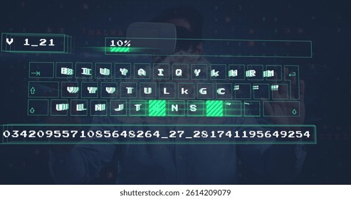 Image of digital data processing on keyboard over biracial businessman wearing vr headset. global technology, data processing and digital interface concept digitally generated image.