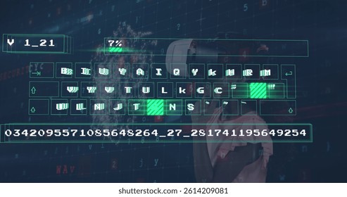 Image of digital data processing on keyboard over caucasian girl wearing vr headset. global technology, data processing and digital interface concept digitally generated image.