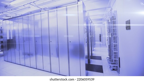 Image of digital data processing over server room. Global digital data processing concept digital generated image.