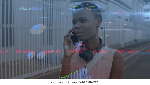 Image of digital data processing over african american woman using smartphone. Global connections, data processing and digital interface concept digitally generated image. - Powered by Shutterstock - Get 15% off with code: PIKWIZARD15