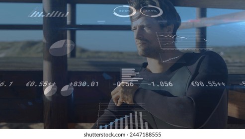 Image of digital data processing over caucasian surfer. Global connections, data processing and digital interface concept digitally generated image.