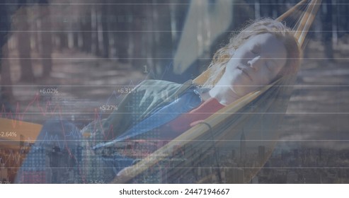Image of digital data processing over caucasian woman on a hammock. Global connections, data processing and digital interface concept digitally generated image.