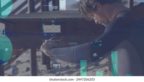 Image of digital data processing over caucasian surfer. Global connections, data processing and digital interface concept digitally generated image.