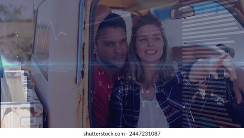 Image of digital data processing over two caucasian people in car. Global connections, data processing and digital interface concept digitally generated image.
