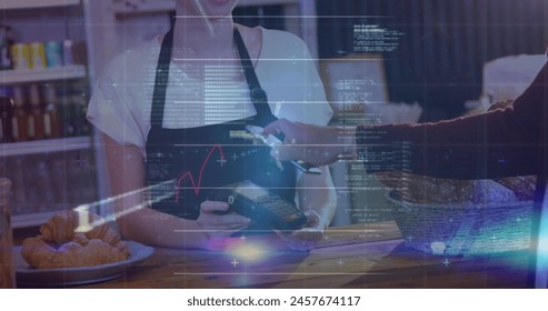 Image of digital data processing over people using a payment terminal. Global financial, connections, data processing and digital interface concept digitally generated image.