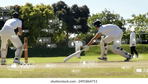 Image of digital data processing over diverse cricketers on field. Global sports, social media, connections, computing and data processing concept digitally generated image. - Powered by Shutterstock