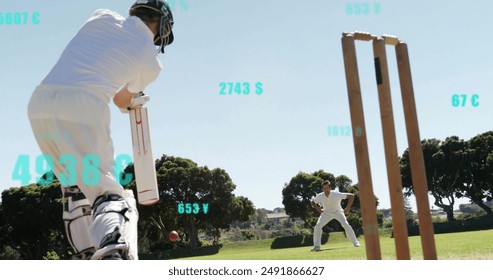 Image of digital data processing over diverse cricketers on field. Global sports, social media, connections, computing and data processing concept digitally generated image.