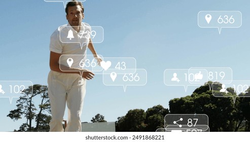 Image of digital data processing over caucasian cricket player on field. Global sports, social media, connections, computing and data processing concept digitally generated image.
