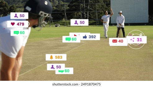 Image of digital data processing over diverse cricketers on field. Global sports, social media, connections, computing and data processing concept digitally generated image.