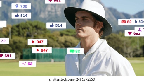 Image of digital data processing over caucasian cricket umpire on field. Global sports, social media, connections, computing and data processing concept digitally generated image. - Powered by Shutterstock