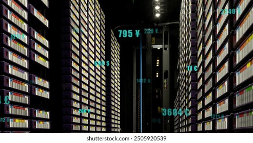 Image of digital data processing over computer servers. Global connections, computing and data processing concept digitally generated image.