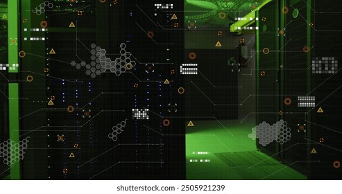 Image of digital data processing over computer servers. Global connections, computing and data processing concept digitally generated image.