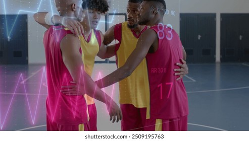 Image of digital data processing over diverse basketball players on court. Global sports, competition, connections, computing and data processing concept digitally generated image. - Powered by Shutterstock