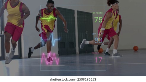 Image of digital data processing over diverse basketball players on court. Global sports, competition, connections, computing and data processing concept digitally generated image. - Powered by Shutterstock